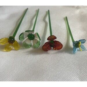 Hand Blown Art Glass Flower Stems Long Stem Floral Decor Lot Of 3 + 1 Damaged
